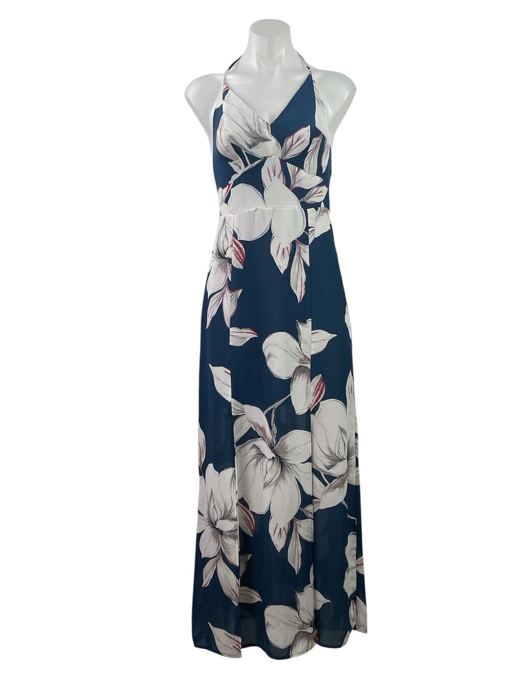 Dynamite Blue White Floral Sleeveless Halter Neck Maxi Summer Beach Dress Sz XS